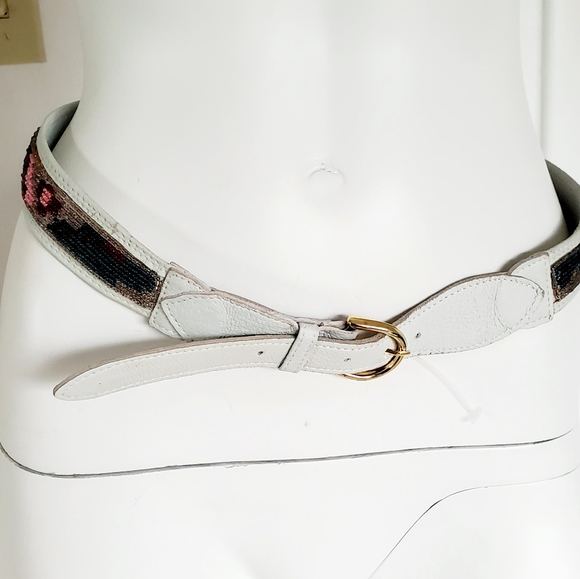 VINTAGE Beaded Leather Belt M light Mint Aqua boho - Picture 3 of 7